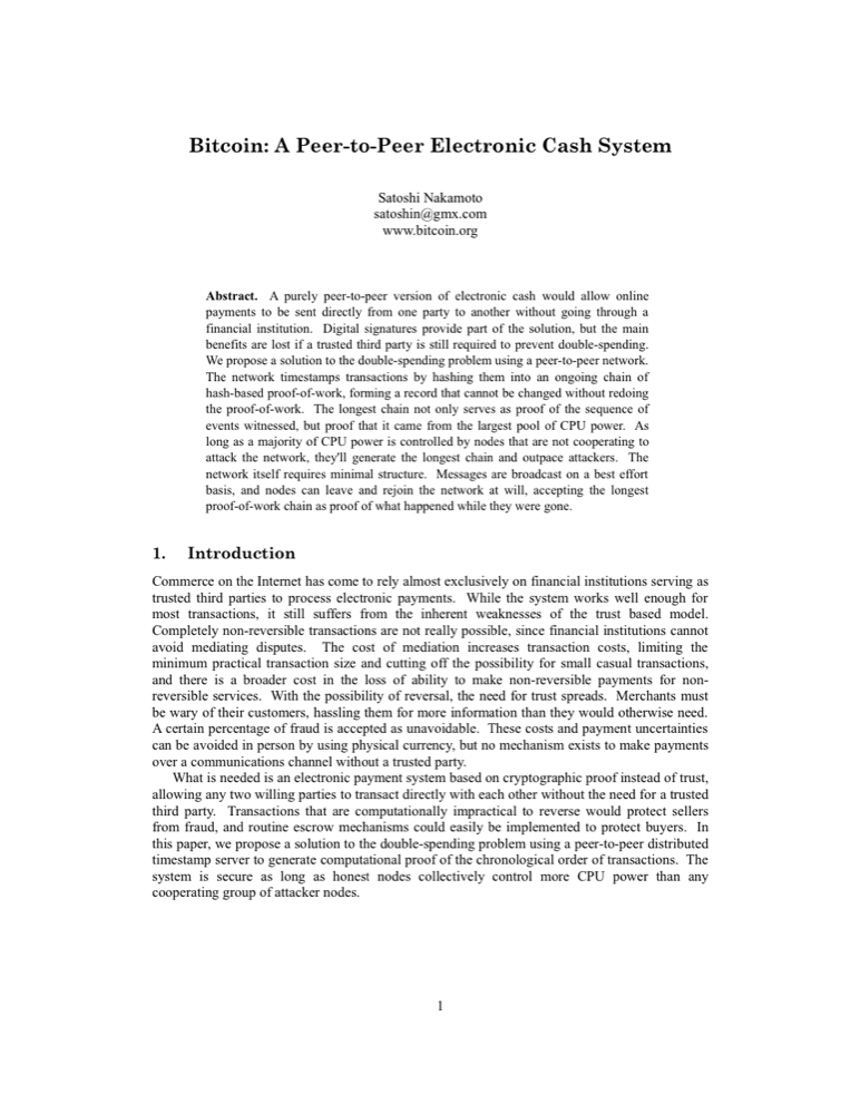 First page of the Bitcoin whitepaper